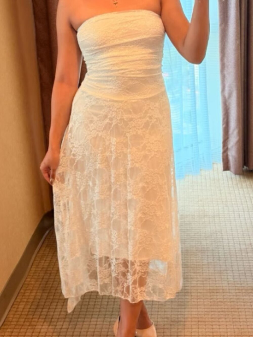 White Lace Strapless Midi Dress